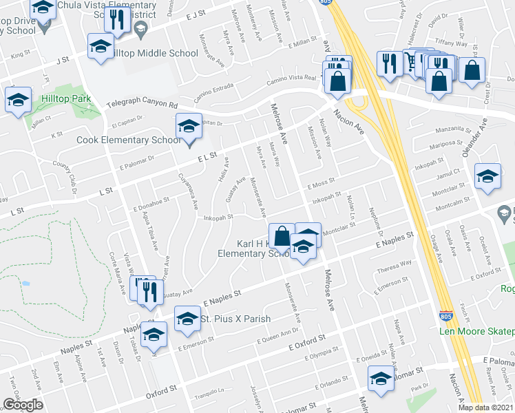 map of restaurants, bars, coffee shops, grocery stores, and more near 990 Monserate Avenue in Chula Vista