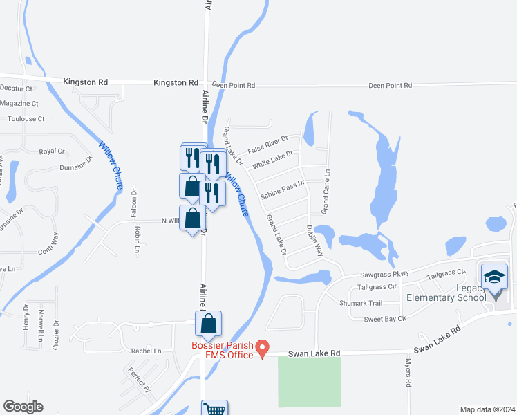 map of restaurants, bars, coffee shops, grocery stores, and more near 3281 Grand Lake Drive in Bossier City