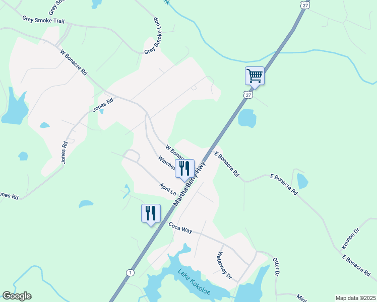 map of restaurants, bars, coffee shops, grocery stores, and more near 150 West Bonacre Road in Cataula