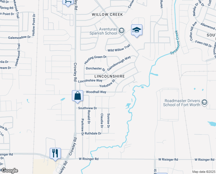 map of restaurants, bars, coffee shops, grocery stores, and more near 9100 Cranwell Court in Fort Worth