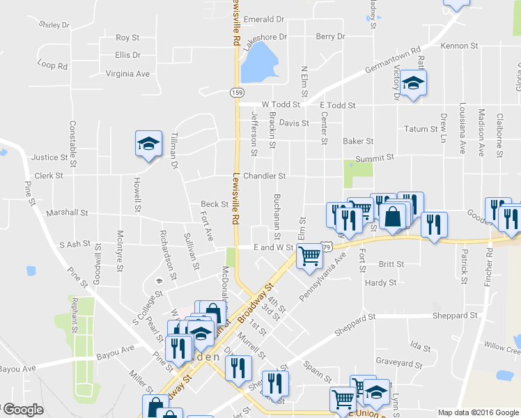 map of restaurants, bars, coffee shops, grocery stores, and more near 702 Lewisville Road in Minden