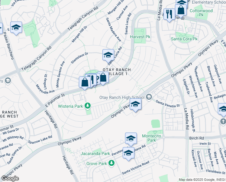 map of restaurants, bars, coffee shops, grocery stores, and more near 1420 East Palomar Street in Chula Vista