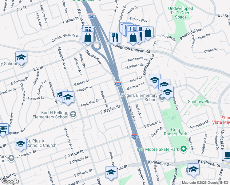 map of restaurants, bars, coffee shops, grocery stores, and more near 1034 Nacion Avenue in Chula Vista