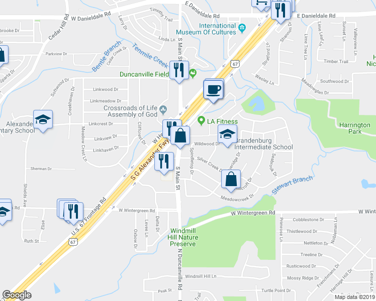 map of restaurants, bars, coffee shops, grocery stores, and more near 1915 Spindletop Drive in Duncanville
