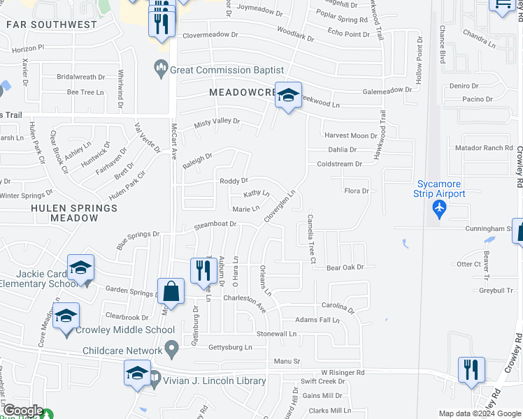 map of restaurants, bars, coffee shops, grocery stores, and more near 3217 Marie Lane in Fort Worth