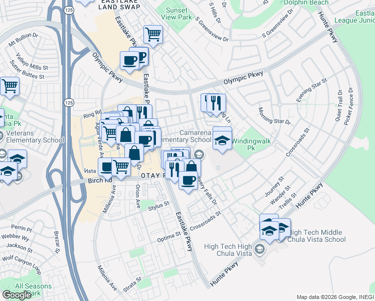 map of restaurants, bars, coffee shops, grocery stores, and more near 2174 Desert Hare Court in Chula Vista