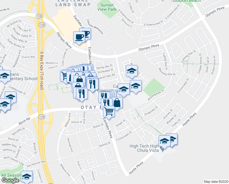 map of restaurants, bars, coffee shops, grocery stores, and more near 2175 Condor Drive in Chula Vista