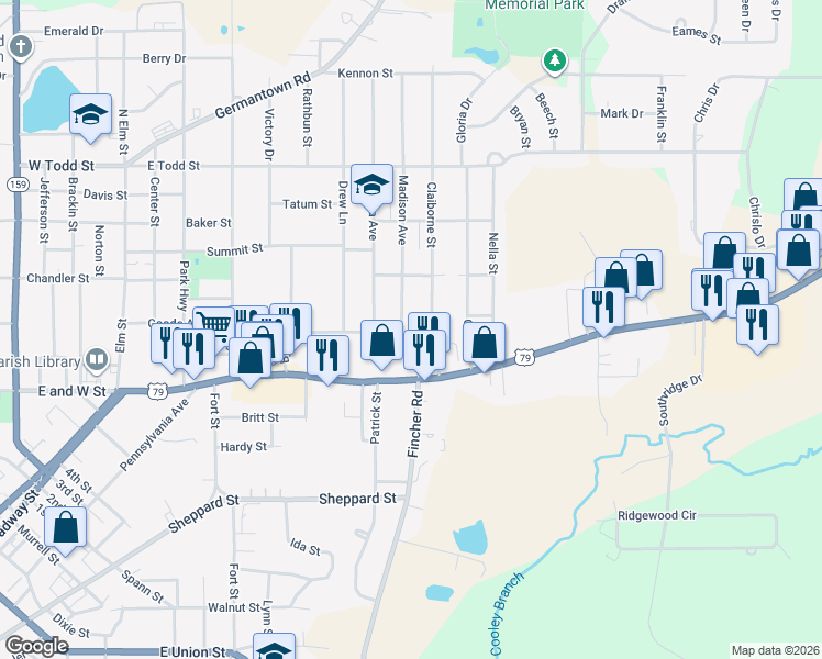 map of restaurants, bars, coffee shops, grocery stores, and more near 703 Claiborne Street in Minden