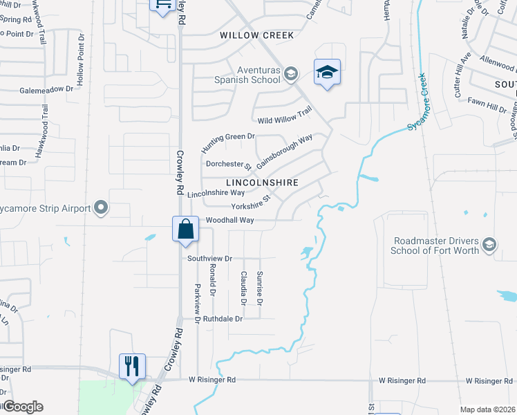map of restaurants, bars, coffee shops, grocery stores, and more near 1632 Yorkshire Street in Fort Worth