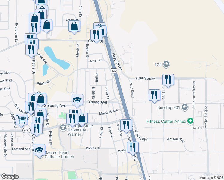 map of restaurants, bars, coffee shops, grocery stores, and more near 314-320 Curtis Street in Warner Robins