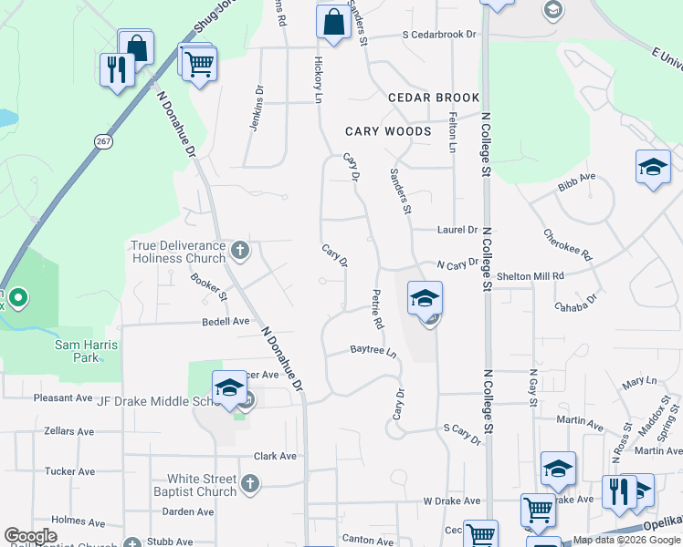 map of restaurants, bars, coffee shops, grocery stores, and more near 514 Cary Drive in Auburn