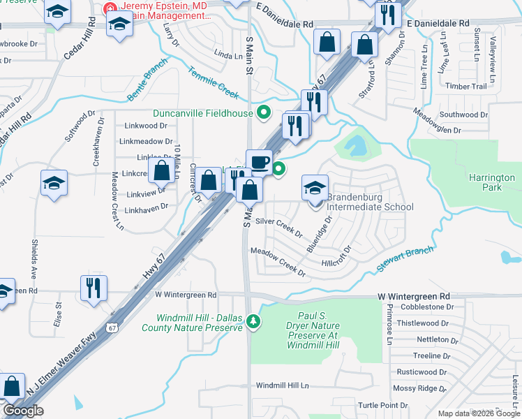 map of restaurants, bars, coffee shops, grocery stores, and more near 1915 Spindletop Drive in Duncanville