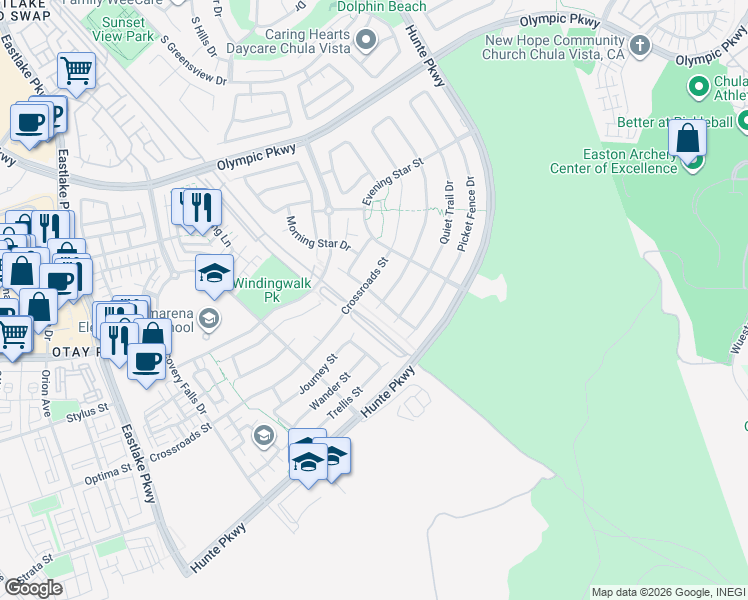 map of restaurants, bars, coffee shops, grocery stores, and more near 1740 Copper Penny Drive in Chula Vista