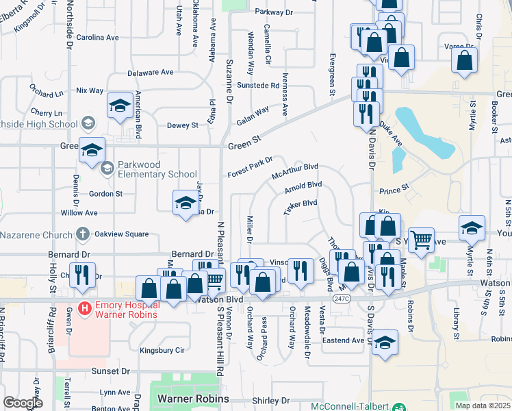 map of restaurants, bars, coffee shops, grocery stores, and more near 610 Miller Drive in Warner Robins