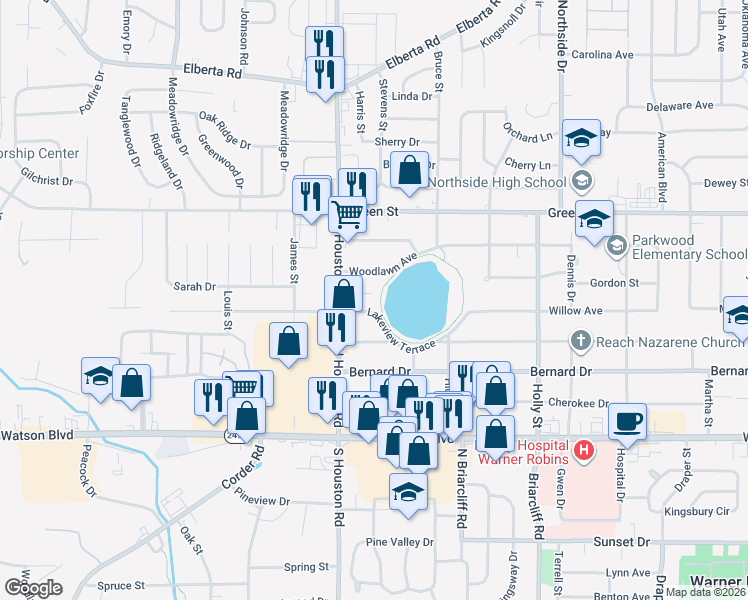 map of restaurants, bars, coffee shops, grocery stores, and more near 154 Willow Ave in Warner Robins