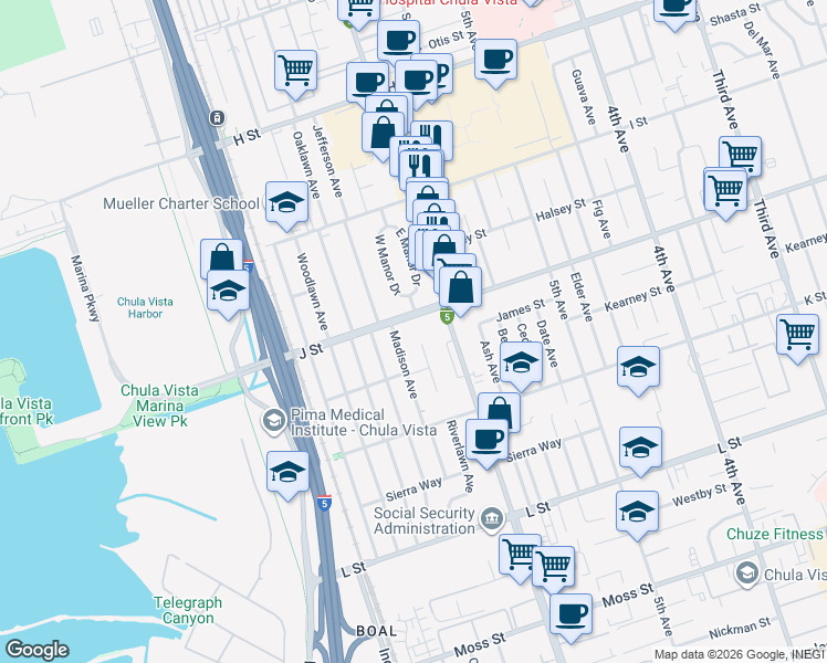 map of restaurants, bars, coffee shops, grocery stores, and more near 2 J Street in Chula Vista