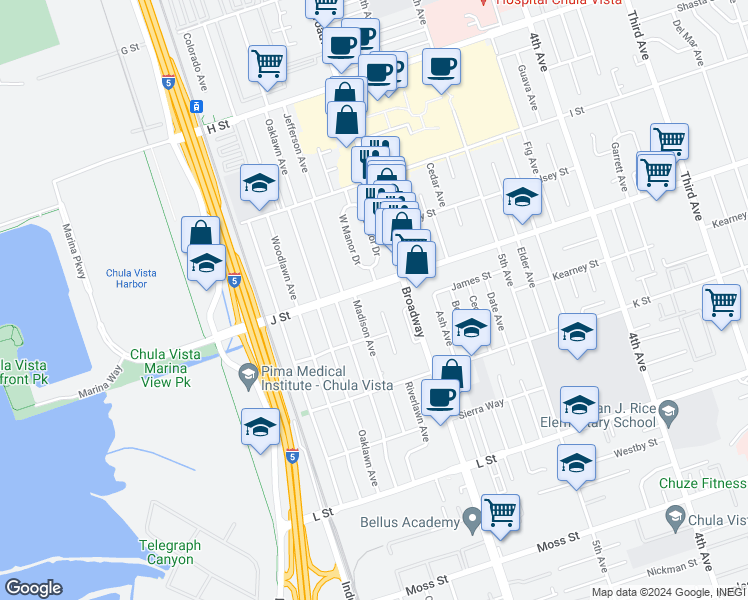 map of restaurants, bars, coffee shops, grocery stores, and more near 617-2 Chula Vista Street in Chula Vista