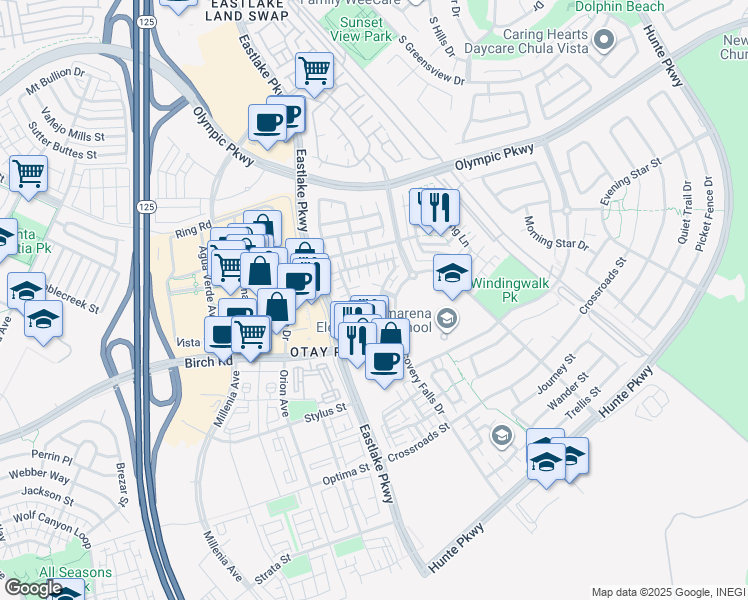 map of restaurants, bars, coffee shops, grocery stores, and more near Pear Blossom Court in Chula Vista