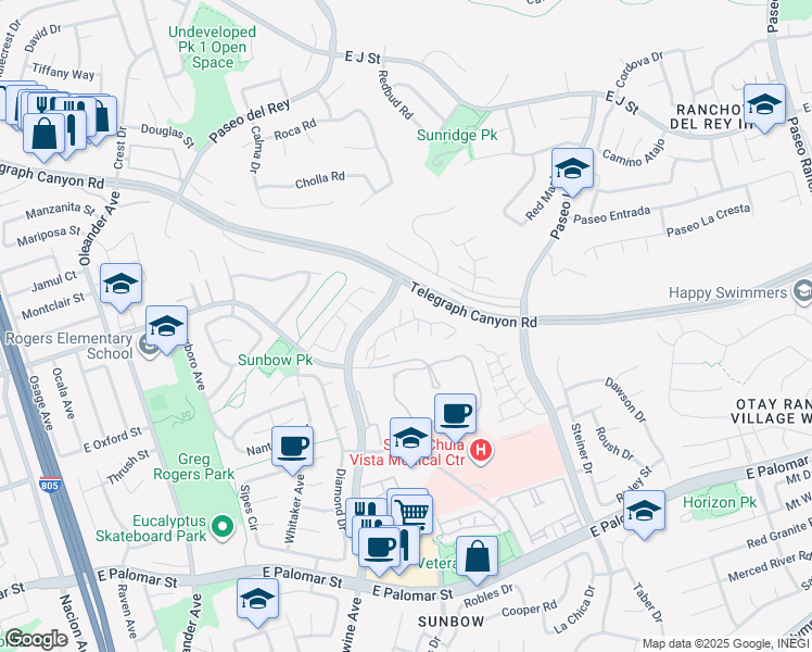 map of restaurants, bars, coffee shops, grocery stores, and more near 755 Paso de Luz in Chula Vista