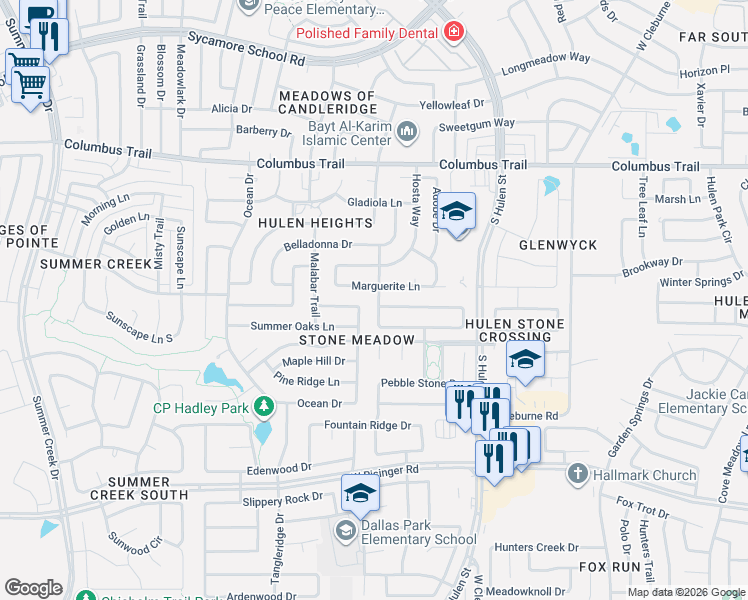 map of restaurants, bars, coffee shops, grocery stores, and more near 4615 Marguerite Lane in Fort Worth