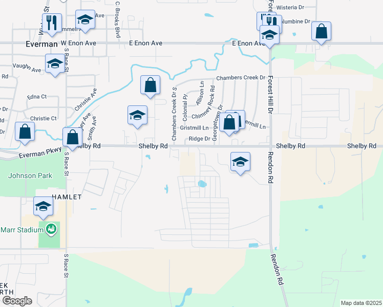 map of restaurants, bars, coffee shops, grocery stores, and more near 2900 Shelby Road in Fort Worth