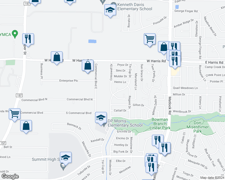 map of restaurants, bars, coffee shops, grocery stores, and more near 7419 Cresswell Drive in Arlington