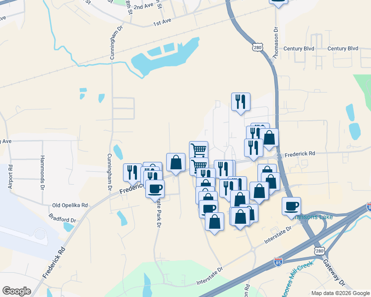 map of restaurants, bars, coffee shops, grocery stores, and more near 2504 Frederick Road in Opelika