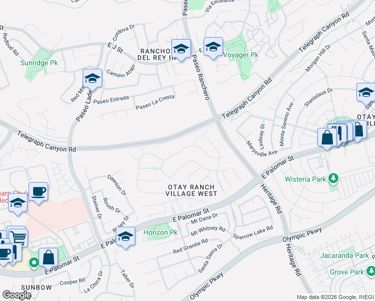 map of restaurants, bars, coffee shops, grocery stores, and more near 1203 Santa Olivia Road in Chula Vista
