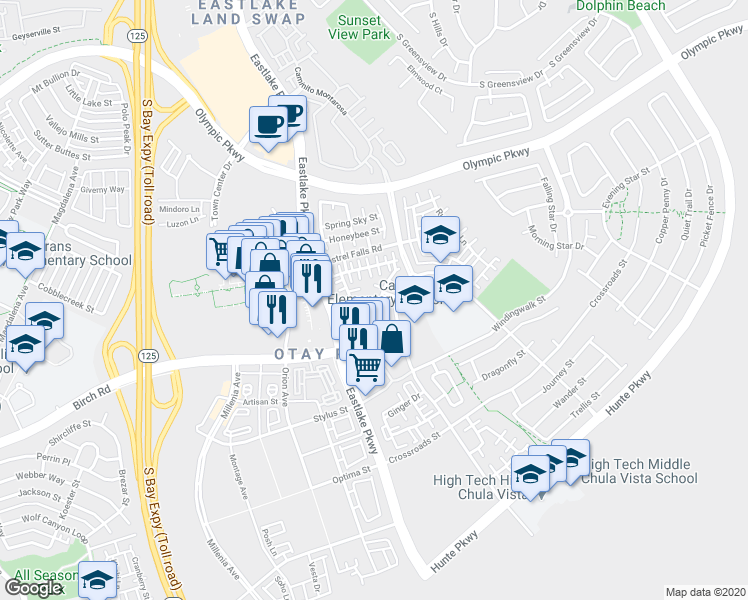 map of restaurants, bars, coffee shops, grocery stores, and more near 2157 Dovetail Court in Chula Vista