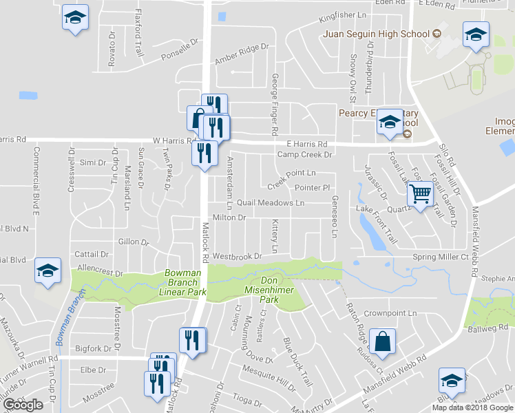 map of restaurants, bars, coffee shops, grocery stores, and more near 216 Quail Meadows Lane in Arlington