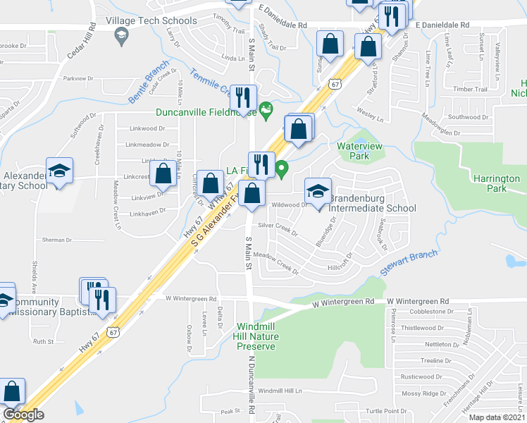 map of restaurants, bars, coffee shops, grocery stores, and more near 1913 Spindletop Drive in Duncanville