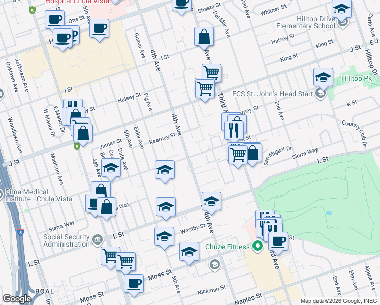 map of restaurants, bars, coffee shops, grocery stores, and more near 379 K Street in Chula Vista