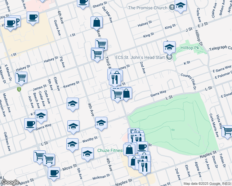 map of restaurants, bars, coffee shops, grocery stores, and more near 802 Third Avenue in Chula Vista