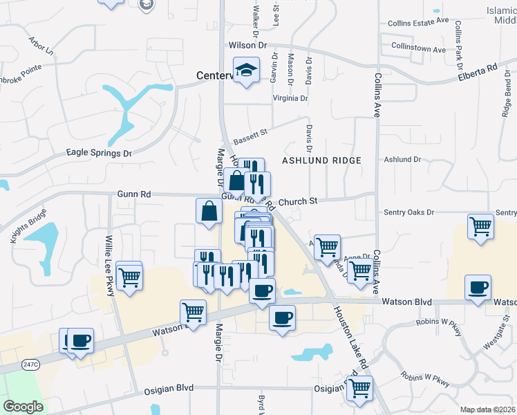 map of restaurants, bars, coffee shops, grocery stores, and more near 103 Gunn Road in Centerville
