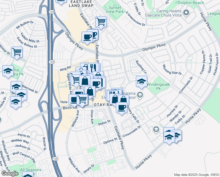 map of restaurants, bars, coffee shops, grocery stores, and more near 2131 Desert Bluffs Court in Chula Vista