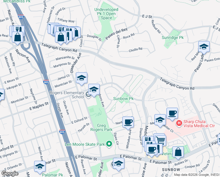 map of restaurants, bars, coffee shops, grocery stores, and more near 665 Crescent Drive in Chula Vista