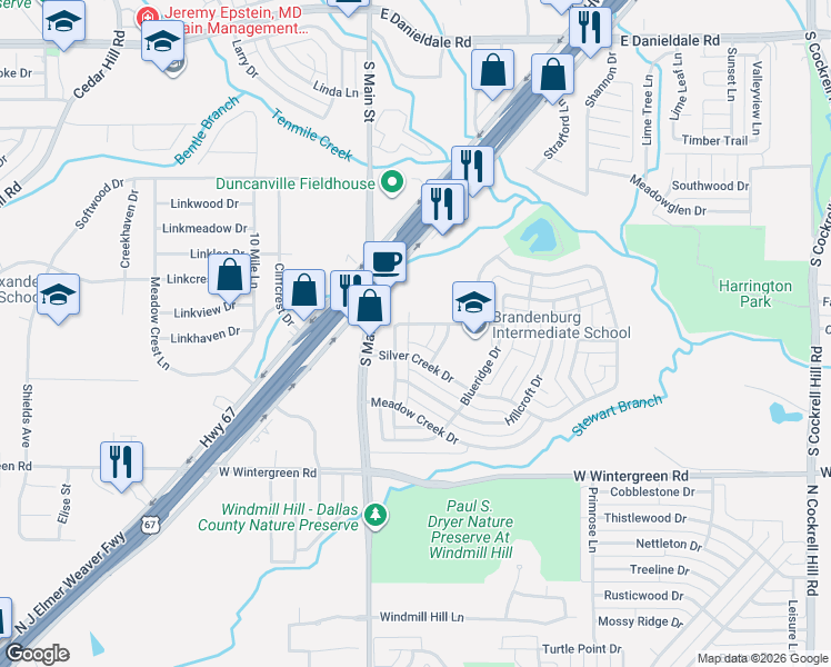 map of restaurants, bars, coffee shops, grocery stores, and more near 134 Wildwood Drive in Duncanville