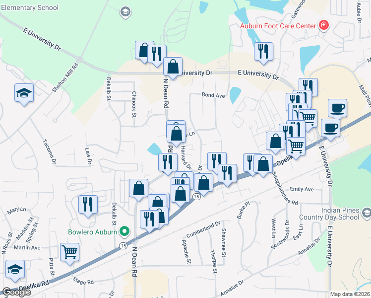 map of restaurants, bars, coffee shops, grocery stores, and more near 1096 Princeton Place in Auburn