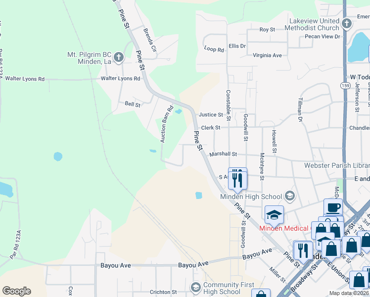 map of restaurants, bars, coffee shops, grocery stores, and more near 506 West Marshall Street in Minden