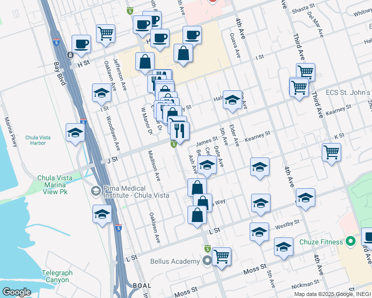 map of restaurants, bars, coffee shops, grocery stores, and more near 730 Ash Avenue in Chula Vista