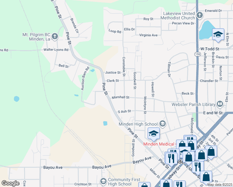 map of restaurants, bars, coffee shops, grocery stores, and more near 606 Police Street in Minden