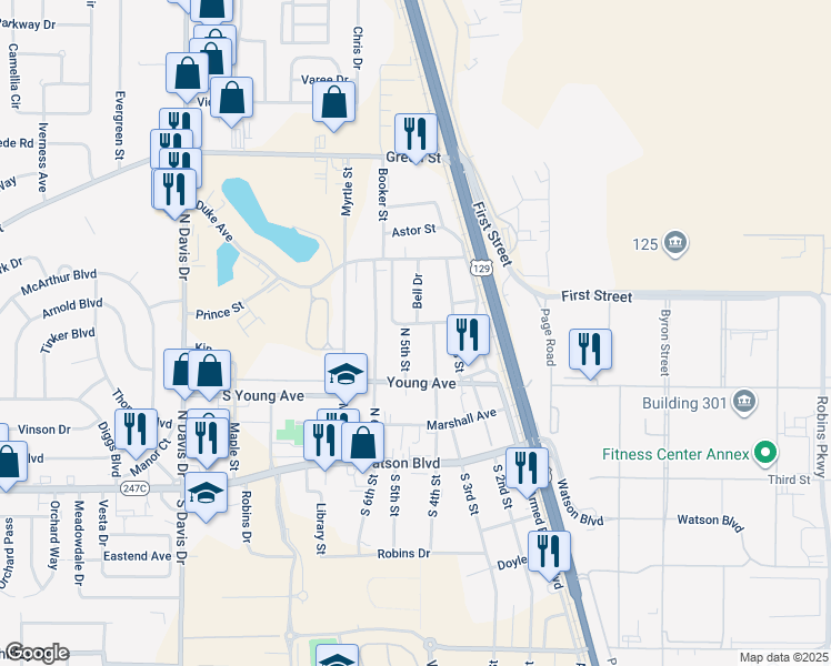 map of restaurants, bars, coffee shops, grocery stores, and more near 405 Lydick Avenue in Warner Robins