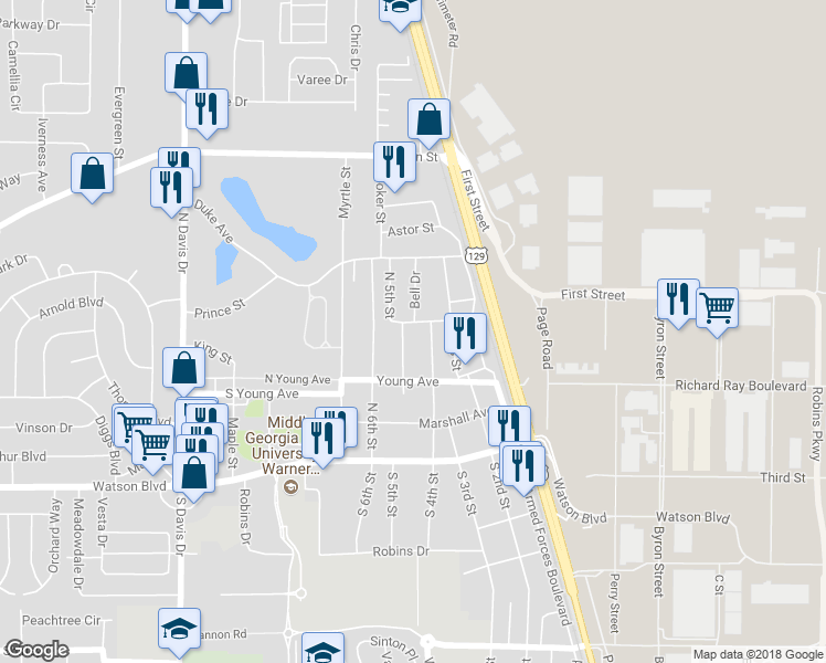 map of restaurants, bars, coffee shops, grocery stores, and more near 405 Lydick Avenue in Warner Robins