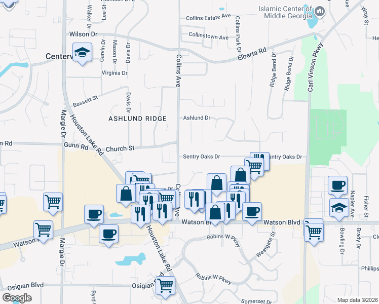 map of restaurants, bars, coffee shops, grocery stores, and more near 427 Sentry Oaks Drive in Centerville