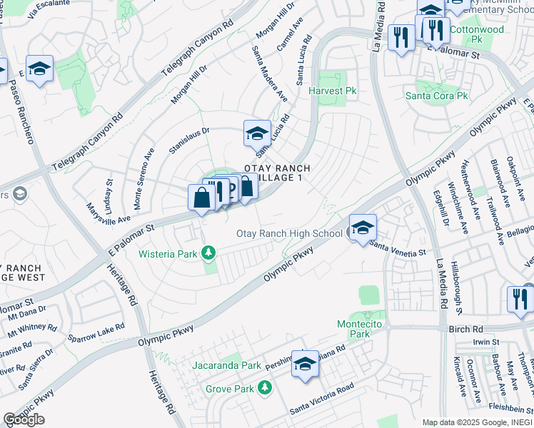 map of restaurants, bars, coffee shops, grocery stores, and more near 1420 East Palomar Street in Chula Vista