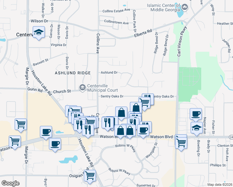 map of restaurants, bars, coffee shops, grocery stores, and more near 417 Sentry Oaks Drive in Warner Robins