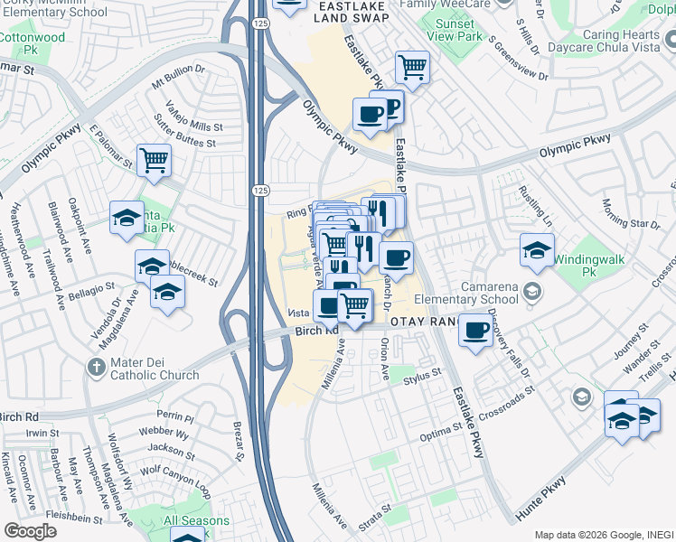map of restaurants, bars, coffee shops, grocery stores, and more near 2015 Birch Road in Chula Vista