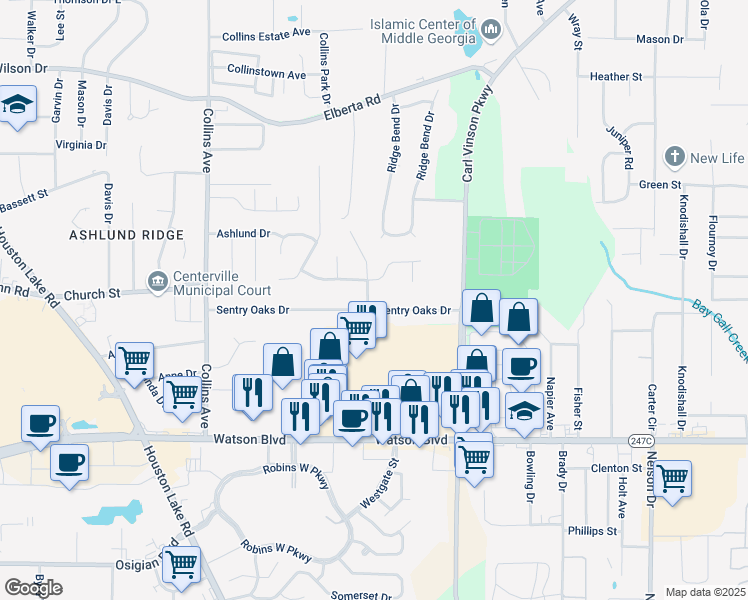 map of restaurants, bars, coffee shops, grocery stores, and more near 231 Sentry Oaks Drive in Warner Robins