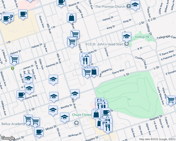 map of restaurants, bars, coffee shops, grocery stores, and more near Third Avenue in San Diego