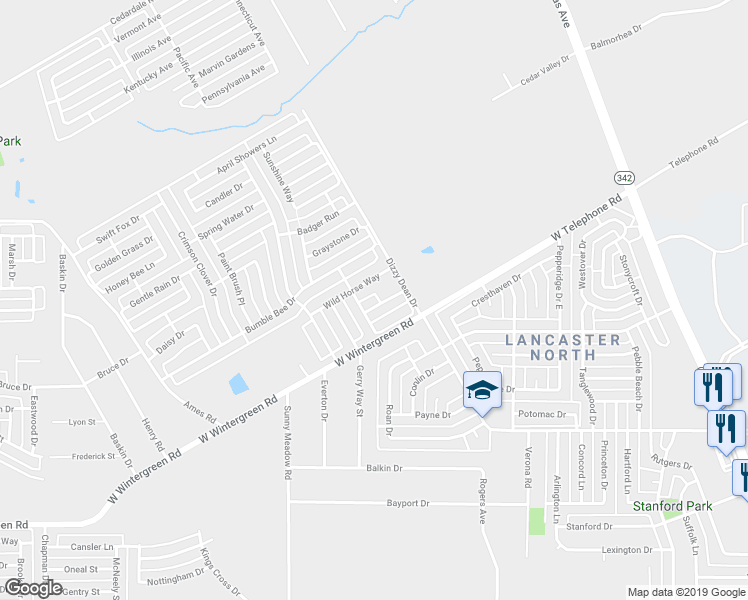 map of restaurants, bars, coffee shops, grocery stores, and more near 1019 Babbling Brook Lane in Lancaster
